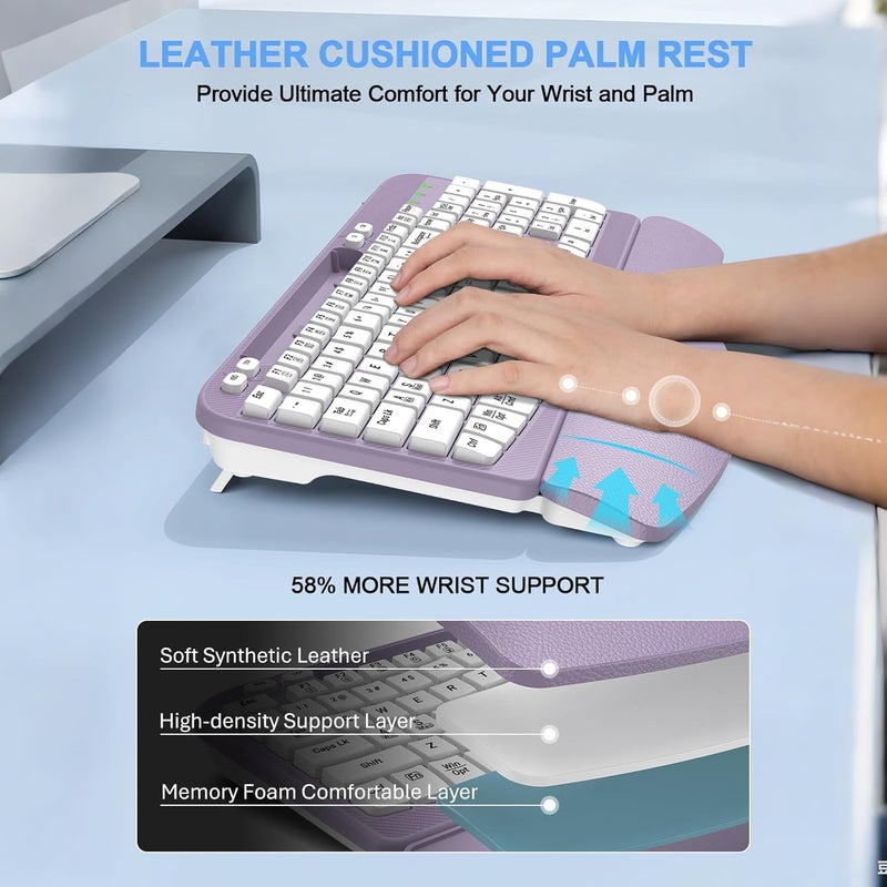 EAYBLLY Ergonomic Wireless Keyboard with Cushioned Wrist Rest, Wave Keys, Phone Holder, Comfortable Natural Typing, 2.4GHz Full Size Cordless USB Computer Keyboard for Windows, Mac OS, Laptop, PC (Purple) - Image 3